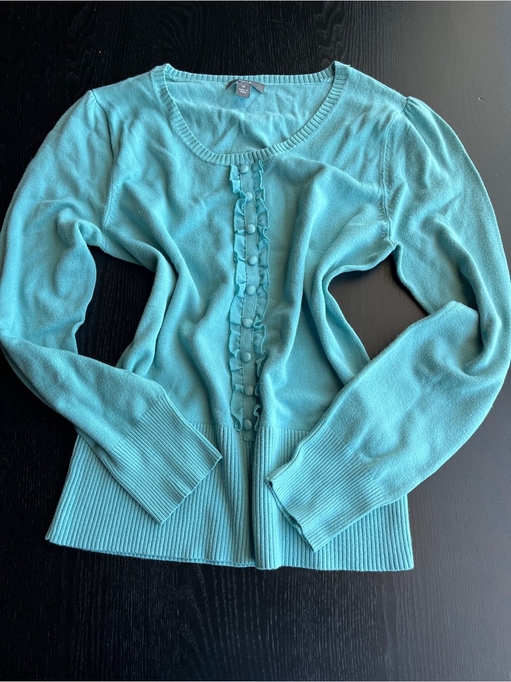 Apt 9 Medium Light Teal Rayon Blend Ruffle Front Button Sweater Top